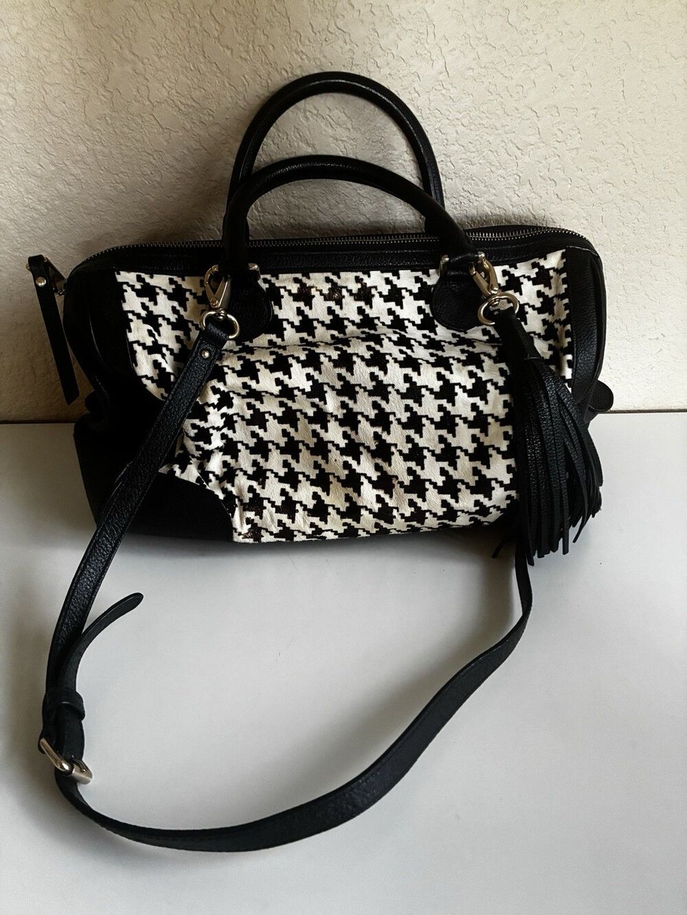 Banana Republic Houndstooth Calf Hair Leather Black Evan Satchel